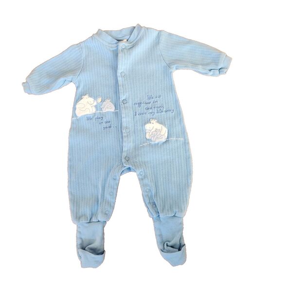 Vintage Snugabye Infant Sleeper Unisex Size 6M Blue White Hippo 'I Love Mom' - Picture 1 of 8